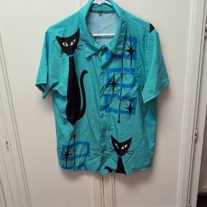 Teal Cat Print Short Sleeve Shirt